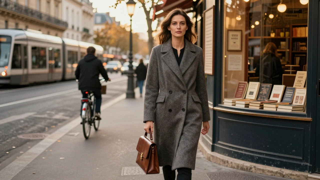 A confident woman walks down a quiet Paris street at golden hour, exuding calm poise amid the city&#039;s gentle bustle.