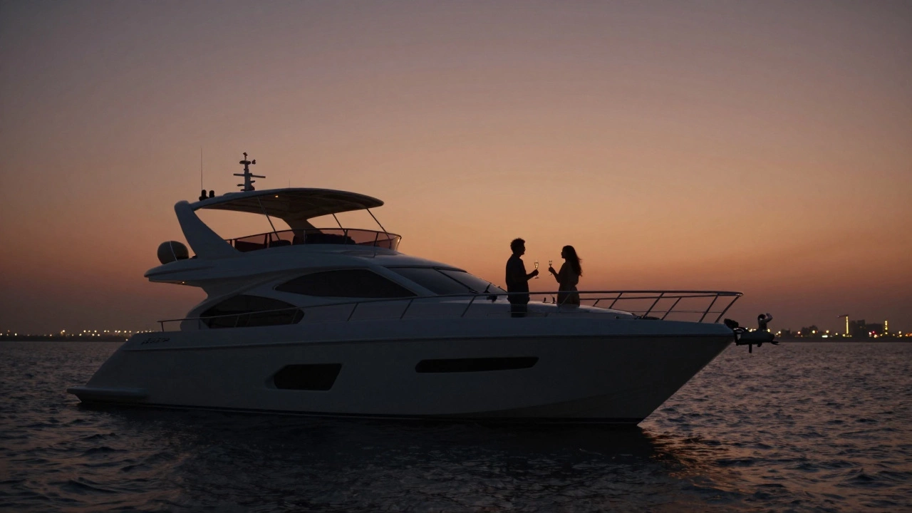 A couple silhouetted on a luxury yacht at dusk, overlooking Dubai’s illuminated coastline.