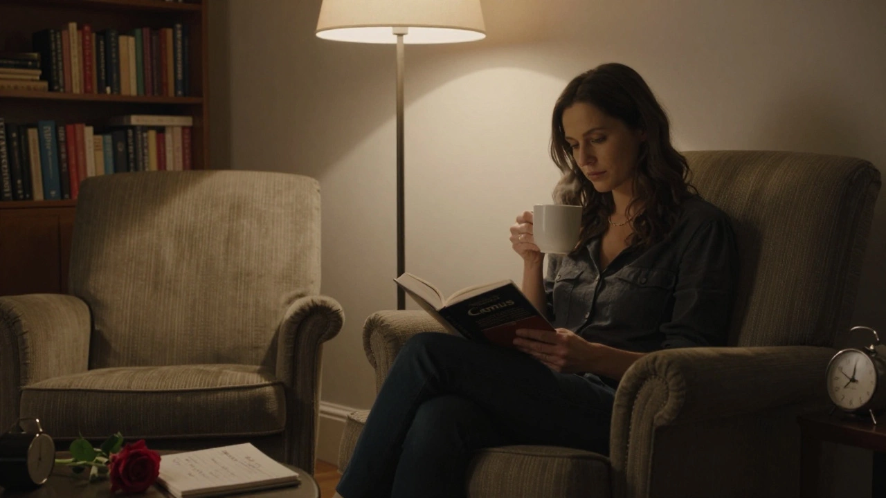 A woman reads Camus in a cozy apartment, a rose and notebook beside her, bathed in warm lamplight.