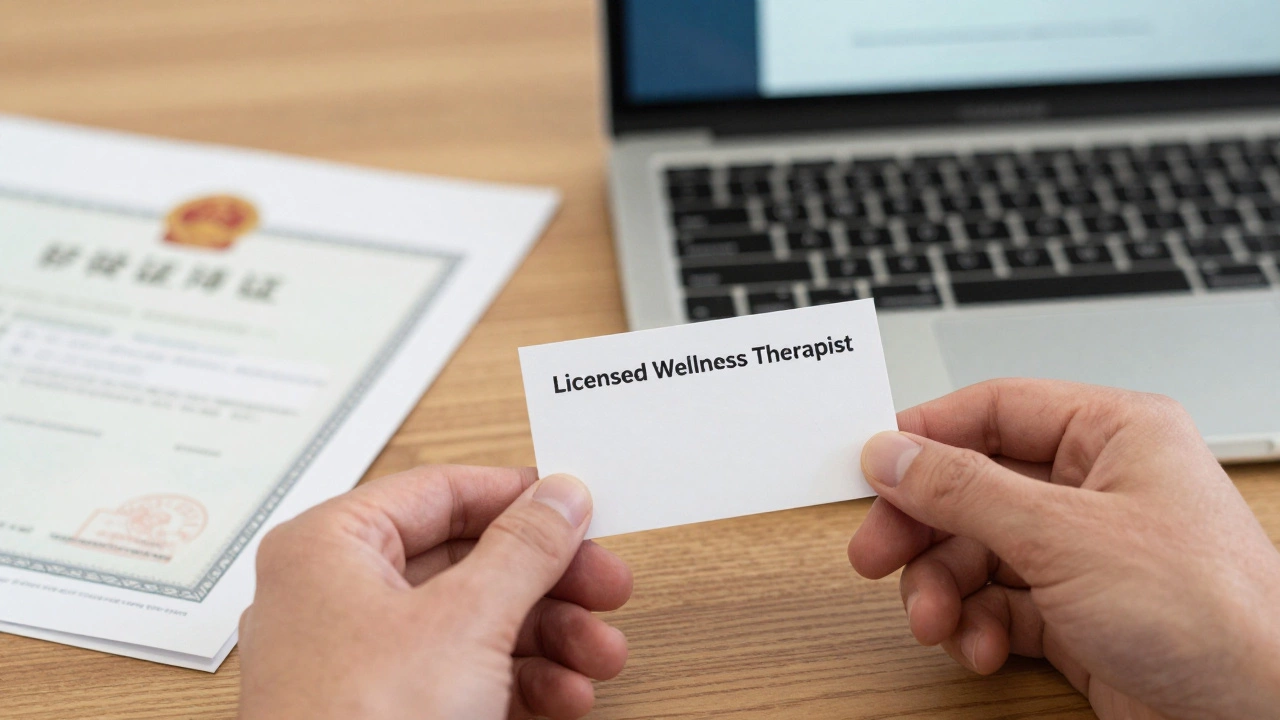 Hand placing a wellness therapist business card next to a laptop showing verification request.