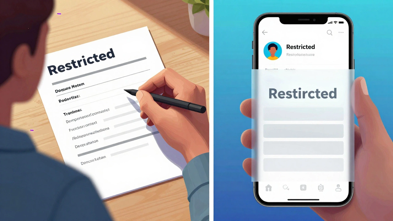 Split-screen of profile setup versus hidden contact fields on an app with restriction overlay.